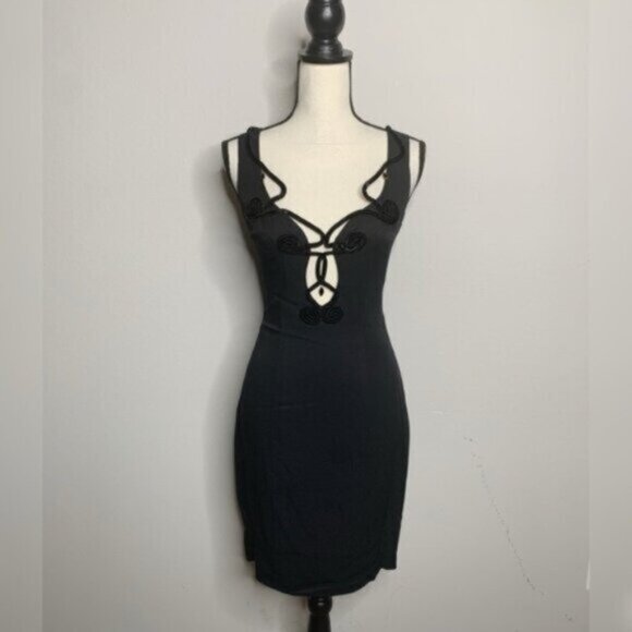 Vintage Black Intricate Scroll Detailing and Front Cutout Mini Cocktail Dress - Picture 1 of 11